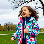 **Image Prompt 1: Weather-Resistant Design**  
   "Illustrate a child wearing a colorful, lightweight windbreaker jacket, playing in a park during a windy day. The jacket features fun patterns and is designed for active movement, showcasing its breathable fabric and functional pockets."