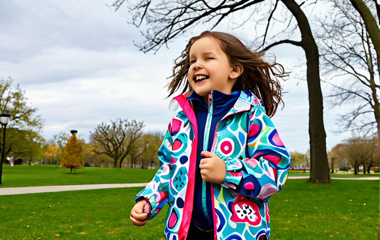 **Image Prompt 1: Weather-Resistant Design**
"Illustrate a child wearing a colorful, lightweight windbreaker jacket, playing in a park during a windy day. The jacket features fun patterns and is designed for active movement, showcasing its breathable fabric and functional pockets."