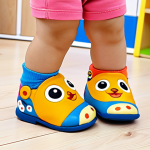 **A toddler taking their first steps, wearing supportive shoes with good ankle support and non-slip soles. The shoes are brightly colored and feature a popular character like Pororo or Tayo.**