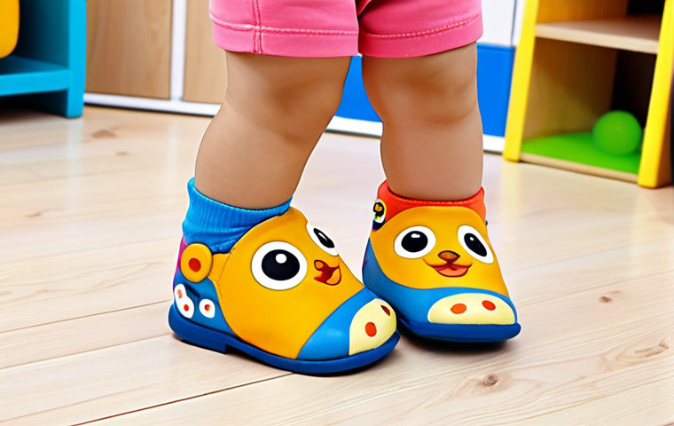 **A toddler taking their first steps, wearing supportive shoes with good ankle support and non-slip soles. The shoes are brightly colored and feature a popular character like Pororo or Tayo.**
