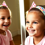 A joyful young child (4-6 years old) looking confidently at their reflection in a mirror, a bright, colorful, and playful character-themed hair clip or headband prominently displayed in their hair, radiating happiness and self-expression. Soft, warm lighting emphasizes their cheerful smile.