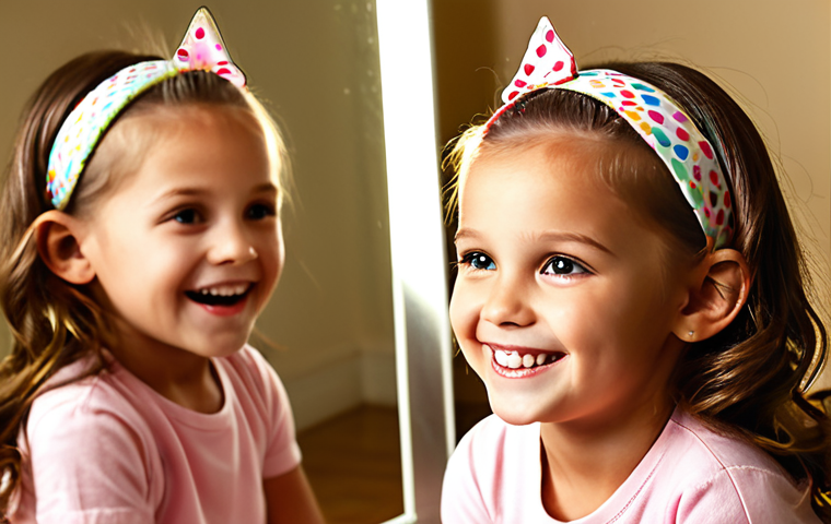 A joyful young child (4-6 years old) looking confidently at their reflection in a mirror, a bright, colorful, and playful character-themed hair clip or headband prominently displayed in their hair, radiating happiness and self-expression. Soft, warm lighting emphasizes their cheerful smile.
