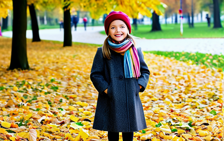 **

"A cheerful young girl in a classic herringbone long coat, fully clothed, appropriate attire, standing in a park with autumn leaves, wearing a colorful scarf and a cute hat, safe for work, perfect anatomy, natural proportions, professional children's fashion photography, family-friendly, modest clothing."

**