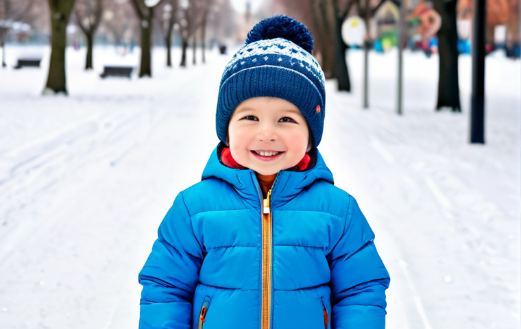 Toddler in a Vivid Color Short Padded Jacket**

"A happy toddler wearing a bright, vivid-colored short padded jacket, fully clothed in appropriate winter attire, including a warm hat and mittens. The background is a snow-covered park with other children playing in the distance. Safe for work, appropriate content, professional photography, perfect anatomy, natural pose, well-formed hands, proper finger count, modest clothing, family-friendly."

**