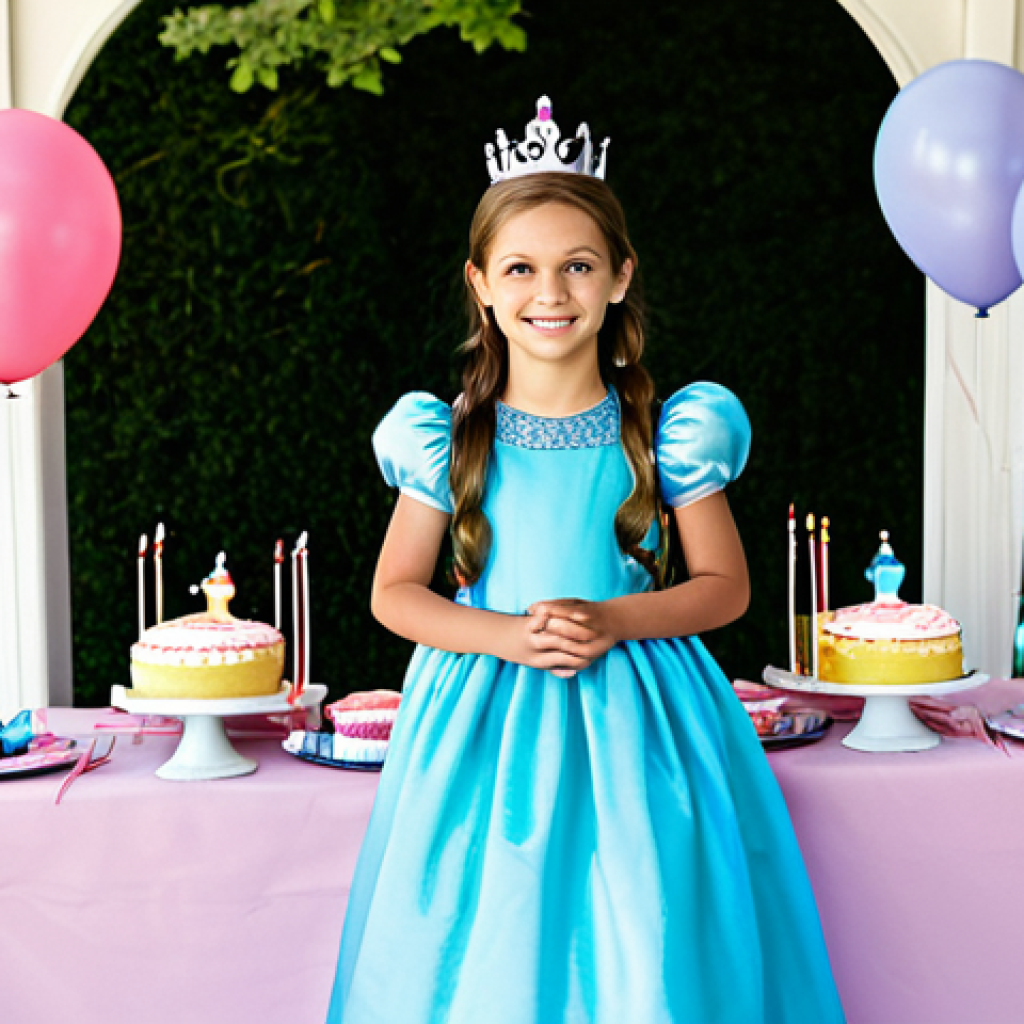Themed Birthday Party**

"A vibrant children's birthday party, princess theme, featuring a fully clothed young girl in a modest princess dress, surrounded by Disney princess-themed tableware, pastel balloons, and a castle-shaped cake, appropriate attire, safe for work, perfect anatomy, well-formed hands, natural body proportions, professional photography, high quality."

**