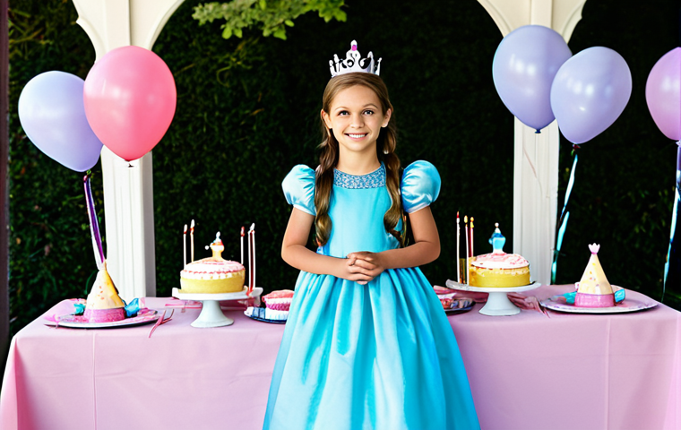 Themed Birthday Party**

"A vibrant children's birthday party, princess theme, featuring a fully clothed young girl in a modest princess dress, surrounded by Disney princess-themed tableware, pastel balloons, and a castle-shaped cake, appropriate attire, safe for work, perfect anatomy, well-formed hands, natural body proportions, professional photography, high quality."

**