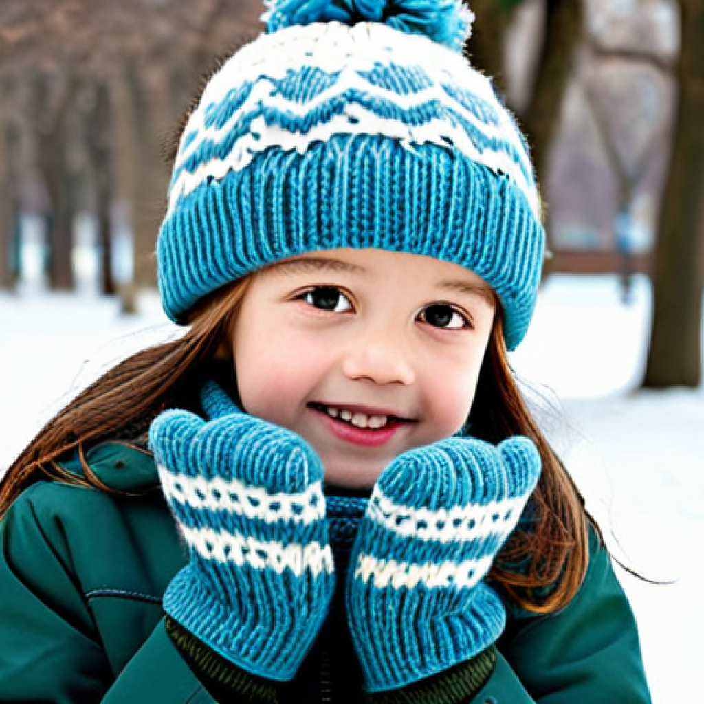아동용 겨울 액세서리 - Winter Accessory Set** A young child, fully clothed in a winter coat, wearing a matching knit hat, ...