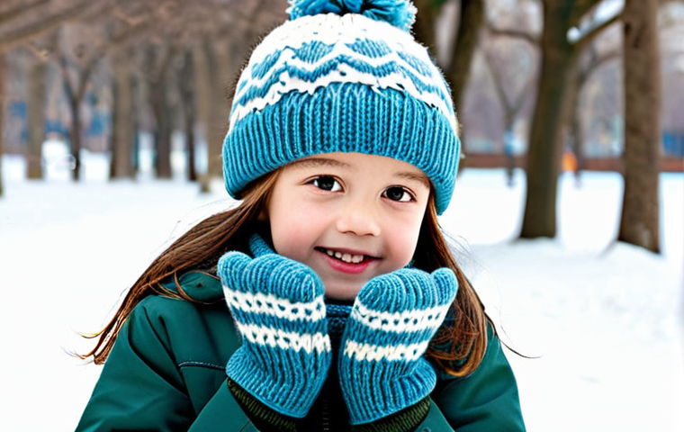 아동용 겨울 액세서리 - Winter Accessory Set** A young child, fully clothed in a winter coat, wearing a matching knit hat, ...