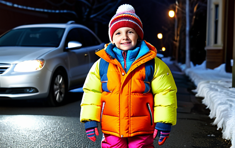 아동용 겨울 액세서리 - Winter Accessory Set** A young child, fully clothed in a winter coat, wearing a matching knit hat, ...