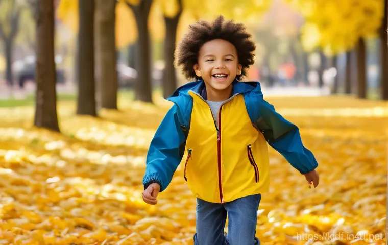 아동용 바람막이 자켓 - A cheerful 7-year-old child, of diverse ethnicity, with a bright smile, running through a sunny park...
