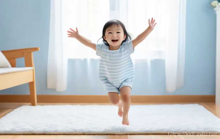 아동용 여름 슬리퍼 리뷰 - A joyful 5-year-old Korean girl, wearing a light blue and white striped cotton romper with short sle...