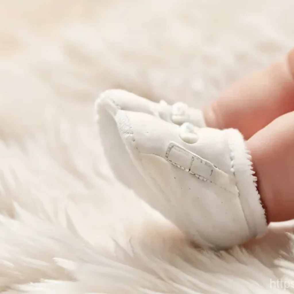 유아용 털신발 관리 - **Prompt 1: A warm and cozy scene of a baby's feet in fluffy fur shoes, subtly highlighting the impo...
