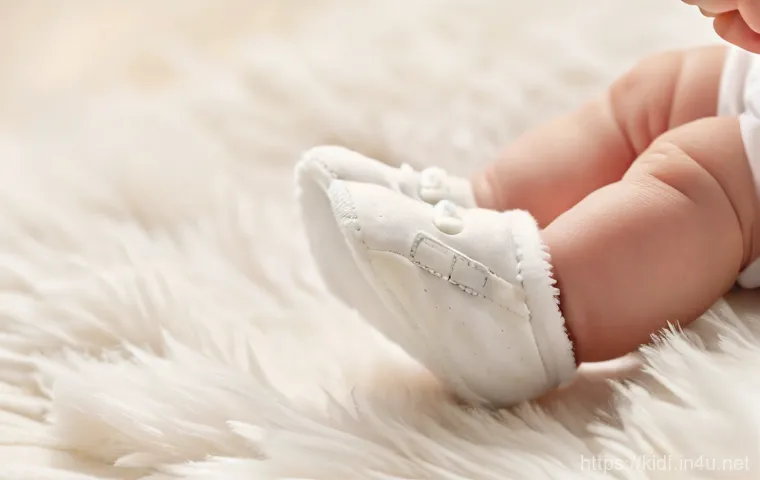 유아용 털신발 관리 - **Prompt 1: A warm and cozy scene of a baby's feet in fluffy fur shoes, subtly highlighting the impo...