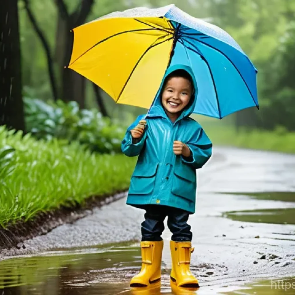 키즈용 레인코트 비교 - **Prompt 1: Joyful Rainy Day Play with Vibrant Colors** "A cheerful 6-year-old child, wearing a ...