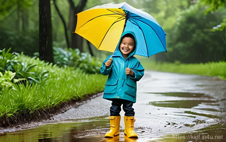 키즈용 레인코트 비교 - **Prompt 1: Joyful Rainy Day Play with Vibrant Colors** "A cheerful 6-year-old child, wearing a ...