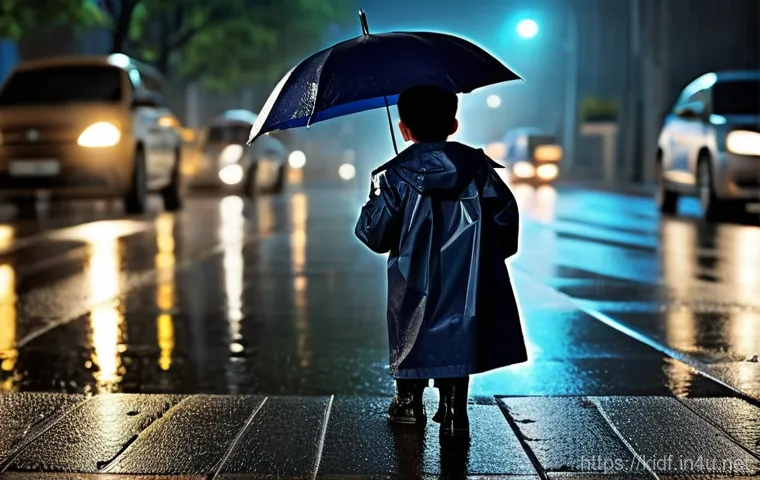 키즈용 레인코트 비교 - **Prompt 1: Joyful Rainy Day Play with Vibrant Colors** "A cheerful 6-year-old child, wearing a ...