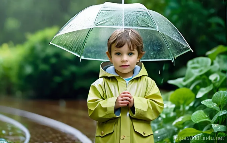 키즈용 레인코트 비교 - **Prompt 2: Safe and Functional Urban Commute in the Rain** "A 8-year-old child, wearing a pract...