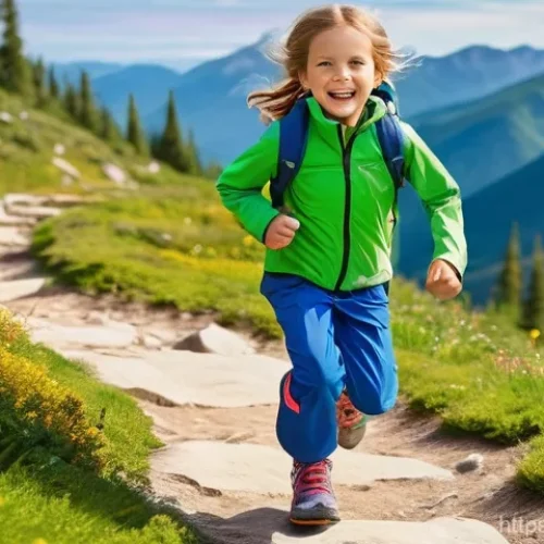 Home 25 아동용 등산복 추천 - A vibrant, full-body shot of an energetic 6-year-old child, either a boy or a girl, actively running...
