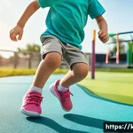 아동용 스니커즈 스타일링 - A joyful 6-year-old child, dressed in comfortable play clothes (a vibrant t-shirt and breathable sho...