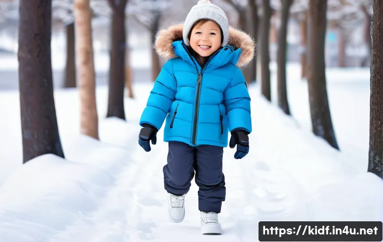 아동 겨울 외투 스타일 - A cheerful young child wearing a lightweight, warm down jacket designed for active winter play. The ...