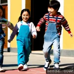 키즈용 캐주얼웨어 브랜드 - Photorealistic children’s casualwear campaign, three diverse children aged 6–9 playing hopscotch in ...