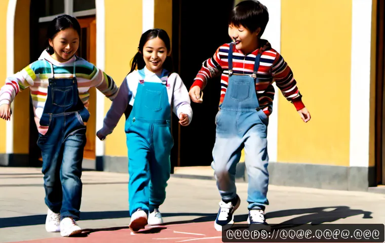 키즈용 캐주얼웨어 브랜드 - Photorealistic children’s casualwear campaign, three diverse children aged 6–9 playing hopscotch in ...