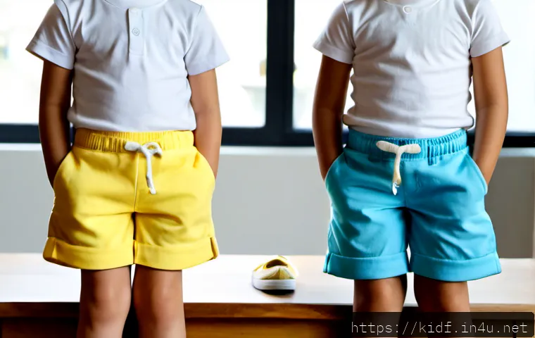 아동용 여름 바지 추천 - Photorealistic summer children’s clothing comparison scene, two neatly arranged pairs of lightweight...