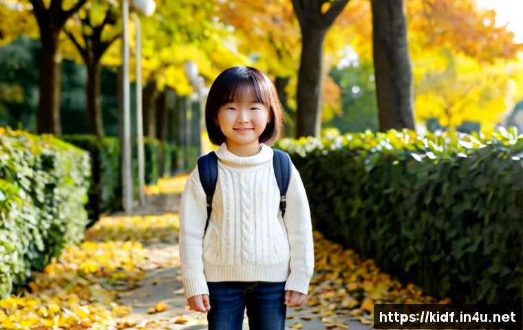 아동용 니트 코디법 - Photorealistic autumn lifestyle scene of a smiling elementary-school-age child wearing a soft cream ...